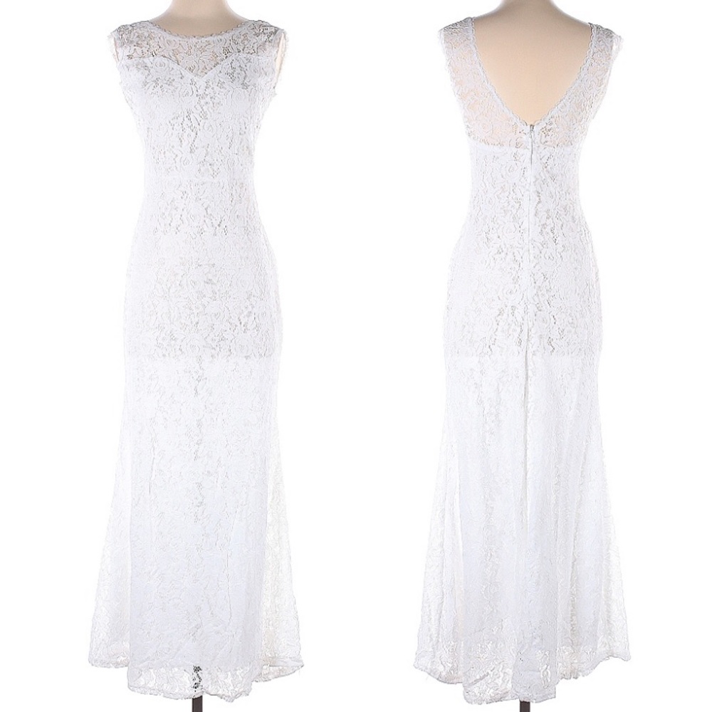 Lace Sleeveless Low Back Maxi Wedding Dress